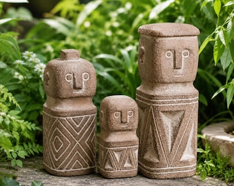Primitive Garden Statue Set, Faux Stone Garden Figurines, Small Cement Plant Pot Decor, Rustic Totem Shelf Decor