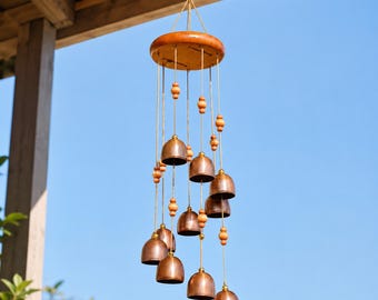 Rustic Brass Wind Chime with Bells, Garden Bell Hanging Decor, Vintage Windchime Outdoor Patio Decor, Boho Cottagecore Plant Lover Gift
