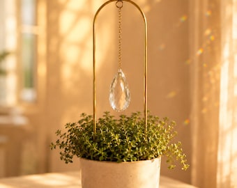 Golden Hour Plant Suncatcher, Angel Tear Crystal Plant Stake, Brass Arch Rainbow Light Catcher, Cozy Room Decor Gift