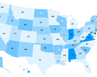 Könnte beinhalten: Eine Karte der Vereinigten Staaten mit jedem Bundesstaat in verschiedenen Blautönen schattiert. Die Bundesstaaten Alabama, Indiana und Virginia sind in einem dunkleren Blauton schattiert als die restlichen Bundesstaaten.