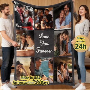 Custom Photo Blankets for Couch, Personalized Photo Collage Blankets for Adults with Text, Custom Couples Blankets with Pictures