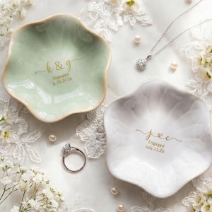 Engraved Initial Engaged Ring Dish, Personalized Ceramic Jewelry Trinket Tray, Custom Earing Holder With Name Gift For Bridesmaid Proposal