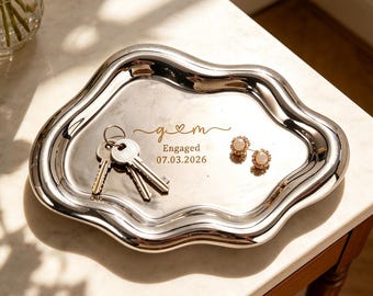 Personalized Initial Engaged Trinket Dish, Engraved Irregular Cloud Key Tray, Custom Wedding Date Gift for Newlyweds, 1st Anniversary Gift