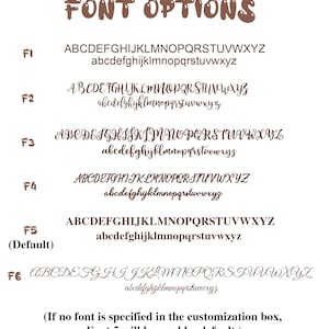 May include: Font options chart with six different font styles displayed in brown. The text "FONT OPTIONS" is at the top. Each font is labeled F1 through F6, with the default font labeled F5. Each font shows uppercase and lowercase letters.