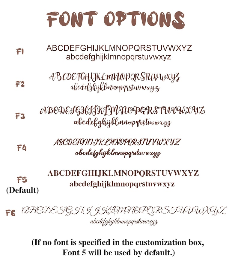May include: Font options chart with six different font styles displayed in brown. The text "FONT OPTIONS" is at the top. Each font is labeled F1 through F6, with the default font labeled F5. Each font shows uppercase and lowercase letters.