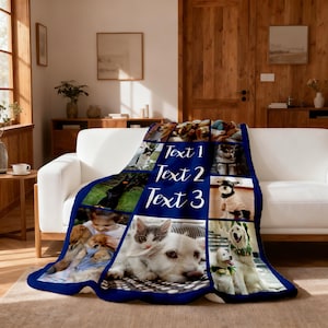May include: A navy blue fleece blanket draped over a white sofa. The blanket features a collage of pet photos and the text "Text 1", "Text 2", and "Text 3" in white. The blanket has a dark blue border and is in a living room setting.