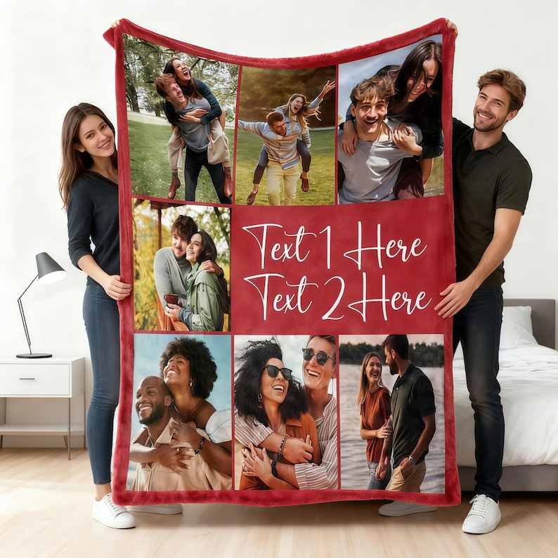 May include: A red fleece blanket featuring a collage of photos and the text "Text 1 Here Text 2 Here" in white script. The blanket is held by two people, showcasing the personalized design and soft texture.