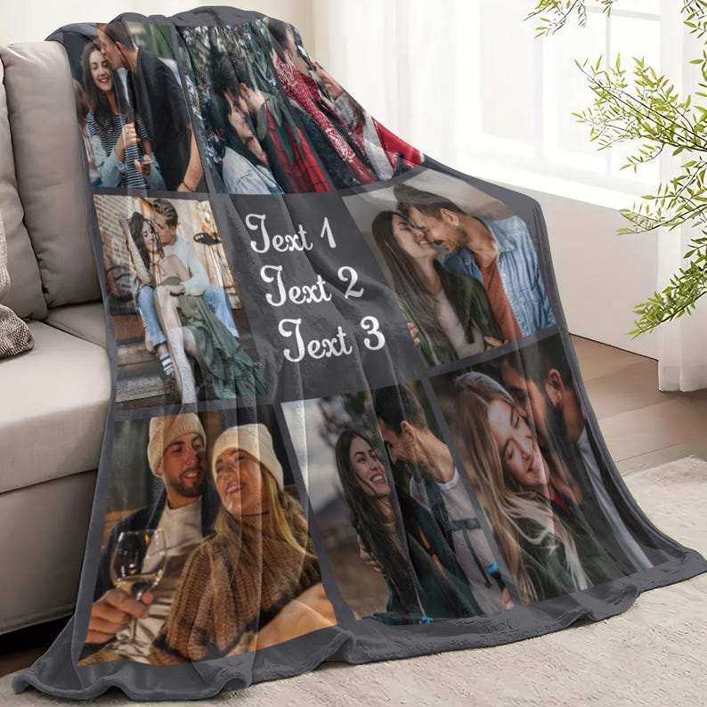 May include: A gray fleece blanket featuring a collage of personal photos. The blanket displays multiple images of couples, with the text "Text 1", "Text 2", and "Text 3" in a white script font. The blanket is draped over a gray sofa.