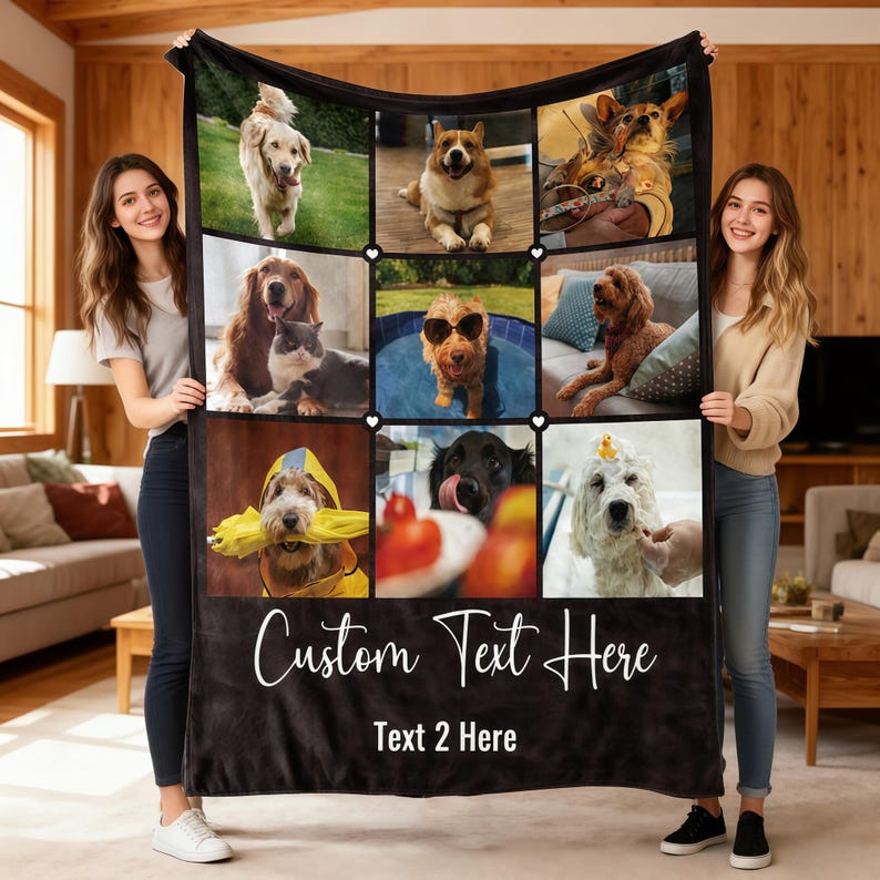 May include: Black fleece blanket featuring nine photo squares of dogs, with a black border and white heart accents. The blanket has the text "Custom Text Here" and "Text 2 Here" in white script.