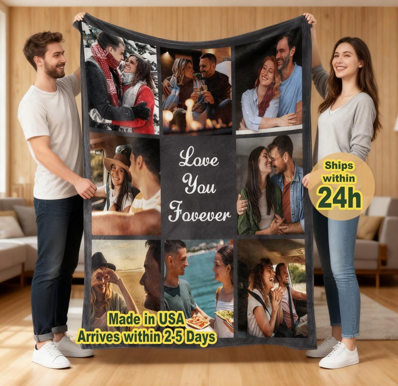 May include: A black fleece blanket featuring a collage of romantic photos. The blanket has the words "Love You Forever" in white script. The blanket is held by a man and a woman.