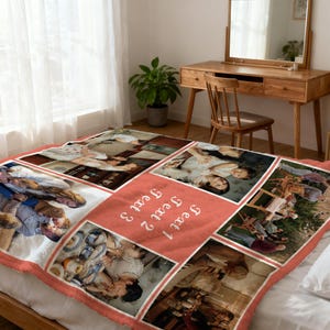 May include: A personalized coral fleece blanket featuring multiple photo panels. The blanket displays family photos and has the words "Text 1", "Text 2", and "Text 3" embroidered on it. The blanket is on a bed in a well-lit room.