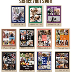 May include: A selection of photo collages with various layouts, each featuring multiple images and customizable text areas. The collages are displayed in different color frames, with options for 1 to 12 photos. The text "Select Your Style" is at the top.