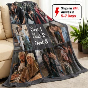 May include: A gray fleece blanket featuring a collage of romantic photos. The blanket has a dark gray border and includes the text "Text 1", "Text 2", and "Text 3". The blanket is draped over a beige sofa.