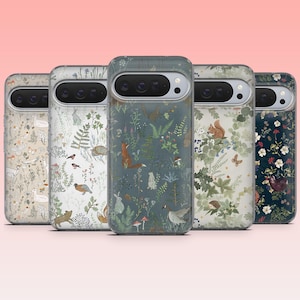 May include: Five phone cases with nature-themed designs. The cases feature illustrations of woodland creatures like foxes, squirrels, and birds, along with plants and flowers. The color palette includes greens, blues, and neutral tones.