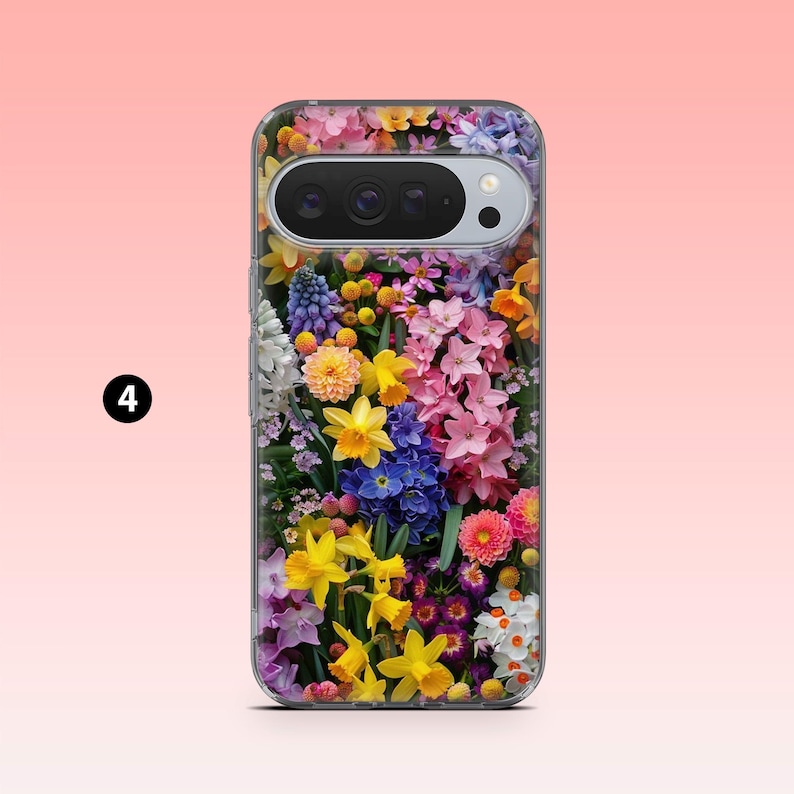 May include: A phone case with a colourful floral pattern. The case displays a variety of flowers, including yellow daffodils, pink blossoms, and blue hyacinths. The case has a clear border and a camera cutout.