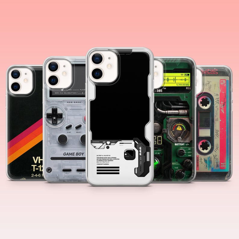 May include: A collection of phone cases with various designs. One case has a black background with a retro stripe design. Another features a Game Boy design. Other cases have a cassette tape and circuit board design.