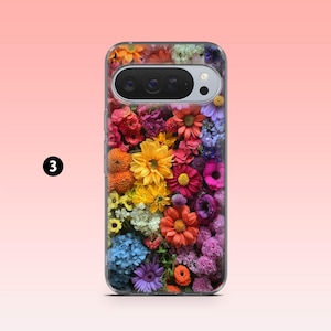 May include: A clear phone case with a colourful floral pattern. The case is filled with a variety of flowers in shades of yellow, orange, pink, purple, and blue. The phone's camera and flash are visible through the case.