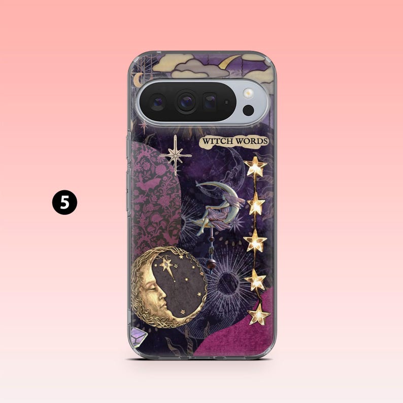 May include: A phone case with a celestial design featuring a crescent moon, stars, and the text "Witch Words" against a purple and black background. The case has a clear border and a camera cutout.