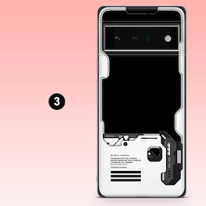 May include: A white and black phone case with a geometric design. The case features a large black rectangle, a camera cutout, and text that includes "THE BRAND WITH THE 3 STRIPES". The case has a futuristic, tech-inspired aesthetic.