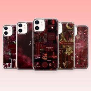 Może przedstawiać: Kolekcja pięciu etui na telefony w odcieniach czerwieni i bordowego. Każde etui ma unikalny design z tekstem, w tym "I keep my lips red" i "She believed she could so she did." Etui mają przezroczystą obwódkę.