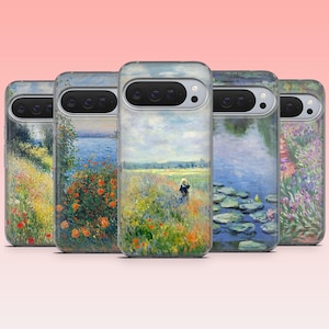May include: A collection of five phone cases featuring impressionist landscape paintings. The cases showcase artwork with vibrant colors, depicting scenes of fields, water lilies, and floral gardens. Each case has a sleek design with a camera cutout.