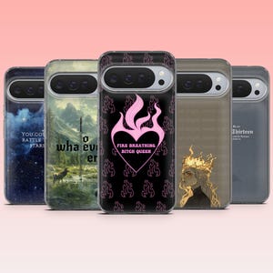 May include: Several phone cases with different designs are displayed. One case has a starry night design with text, another a mountain scene with a deer, and a third with a pink flame heart and the text "FIRE BREATHING BITCH QUEEN".