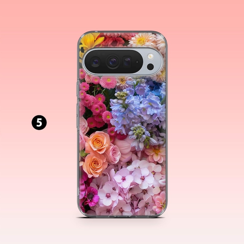 May include: A phone case with a colourful floral pattern. The case displays a mix of flowers in shades of pink, orange, yellow, and blue. The design is a full-coverage print, extending around the phone's edges.