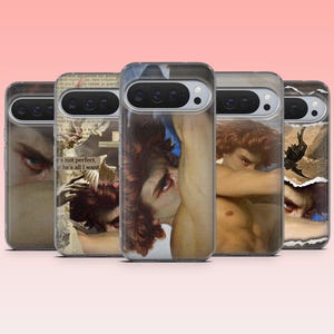 May include: Five phone cases featuring classical art prints of a figure with reddish-brown hair and intense eyes. One case includes a collage of vintage paper textures and the text 'he's not perfect, but he's all I want.' Each case has a camera cutout.