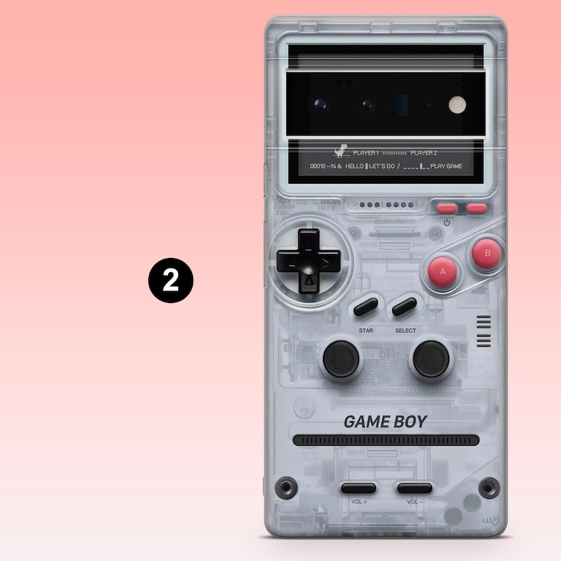 May include: A clear phone case with a retro Game Boy design. The case features a D-pad, buttons, and the text "GAME BOY." The screen displays text that reads "HELLO LET'S GO... PLAY GAME."