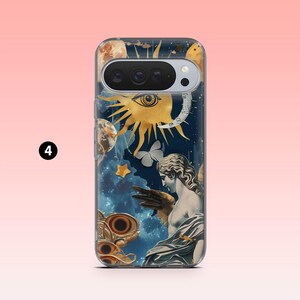 May include: A phone case featuring a celestial design with a sun, moon, stars, and a classical statue. The case has a dark blue background with gold and white accents. The phone case is designed to fit a smartphone.