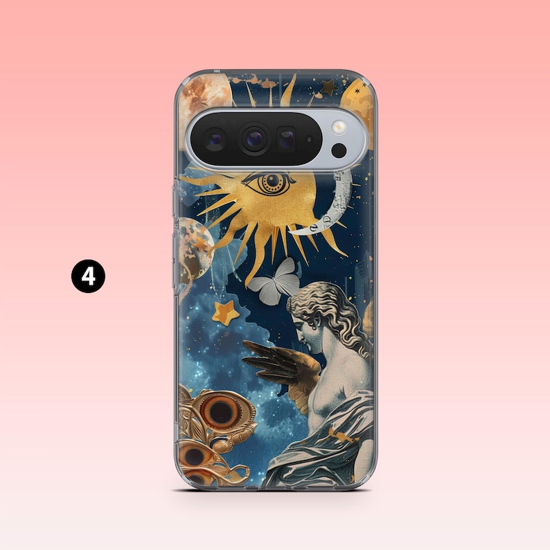 May include: A phone case featuring a celestial design with a sun, moon, stars, and a classical statue. The case has a dark blue background with gold and white accents. The phone case is designed to fit a smartphone.