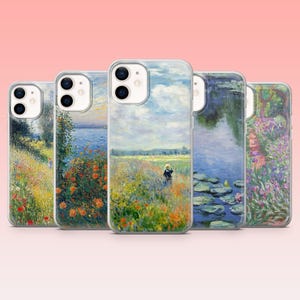 May include: Five clear phone cases showcasing impressionist landscape paintings. The artwork includes scenes with flowers, water, and figures, in colours such as blue, green, yellow, and orange. The cases are set against a pink background.