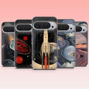 May include: A collection of phone cases with space-themed designs. The cases feature illustrations of planets, galaxies, a rocket ship, and a road through space. The color palette includes black, blue, red, and beige.