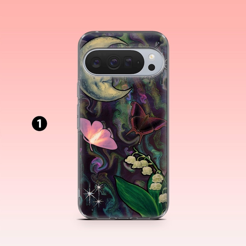 May include: A phone case featuring a whimsical design with a crescent moon, butterflies, and lily of the valley flowers. The case has a dark, swirling background with stars and a pink gradient.
