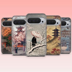 May include: A collection of phone cases featuring Japanese-inspired art. Each case displays a different scene, including temples, cherry blossoms, and figures in traditional attire. The color palette includes reds, browns, and whites.