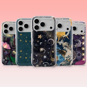May include: Five phone cases with celestial designs. The cases feature various patterns, including stars, moons, and floral elements, in colors like gold, blue, and purple. Each case has a clear border and a camera cutout.