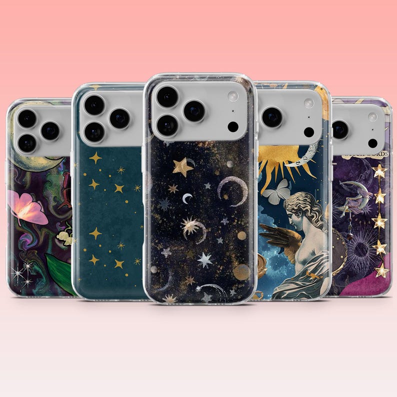 May include: Five phone cases with celestial designs. The cases feature various patterns, including stars, moons, and floral elements, in colors like gold, blue, and purple. Each case has a clear border and a camera cutout.
