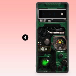 May include: A green and black phone case with a mechanical design. The case features a gauge, buttons, and the text "WEST-986". The design includes a radar screen with a green glow and the text "BATTERY -/+".