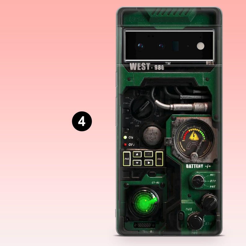 May include: A green and black phone case with a mechanical design. The case features a gauge, buttons, and the text "WEST-986". The design includes a radar screen with a green glow and the text "BATTERY -/+".