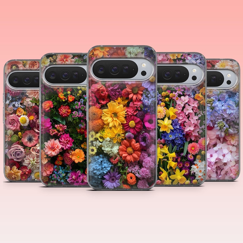 May include: Five phone cases with floral patterns. Each case displays a unique arrangement of colourful flowers, including pink, orange, yellow, blue, and purple blooms. The cases have a clear border and a camera cutout.