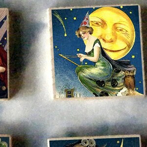 CONJUNTO de 6 presentes de ímãs de arte em madeira de bruxa de Halloween - lua cheia, abóbora, cartão postal vintage, vassoura, gato preto nº 1