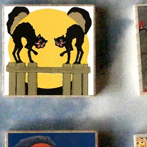 CONJUNTO de 6 presentes de ímãs de arte em madeira de bruxa de Halloween - lua cheia, abóbora, cartão postal vintage, vassoura, gato preto #15