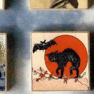 CONJUNTO de 6 presentes de ímãs de arte em madeira de bruxa de Halloween - lua cheia, abóbora, cartão postal vintage, vassoura, gato preto #13