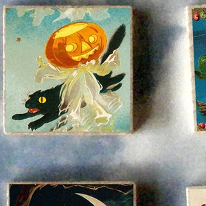 CONJUNTO de 6 presentes de ímãs de arte em madeira de bruxa de Halloween - lua cheia, abóbora, cartão postal vintage, vassoura, gato preto #12