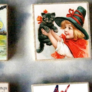 CONJUNTO de 6 presentes de ímãs de arte em madeira de bruxa de Halloween - lua cheia, abóbora, cartão postal vintage, vassoura, gato preto #7