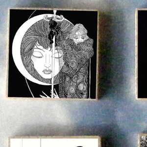 6er SET Aubrey BEARDLEY Holzkunst Magnet Geschenkset - Edgar Allan POE Platzanweiser Zombie schwarze Katze
