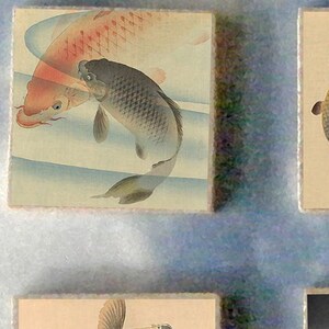 SET of 6 Ohara KOSON Shoson wood art Magnet Gift set -  FISH carp ship boat