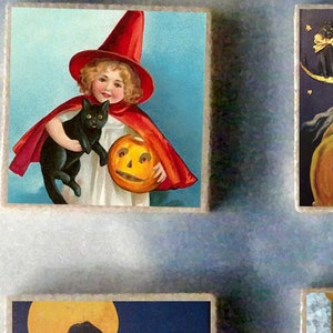 CONJUNTO de 6 presentes de ímãs de arte em madeira de bruxa de Halloween - lua cheia, abóbora, cartão postal vintage, vassoura, gato preto #16