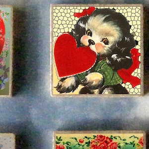 SET of 6 Vintage postcard VALENTINE&#39;S DAY wood art Magnet Gift set -  art heart cupid love flowers gift