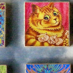 SET von 6 KATZENLIEBHABER Holzkunst Magnet Geschenkset - Louis Wain silber Perser Ginger Tabby Kätzchen